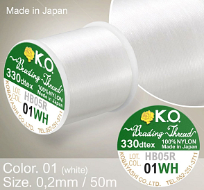 Nylonová nit značky K.O. Barva č. 01 white. Materiál 330DTEX (0,2mm). Balení 50m.