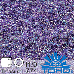 Korálky TOHO tvar TREASURE (válcové). Velikost 11/0. Barva č. 774-Inside-Color Rainbow Crystal/Grape Lined . Balení 5g.