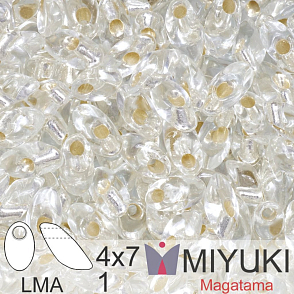 Korálky MIYUKI tvar Long  MAGATAMA velikost 4x7mm. Barva LMA-1 Silverlined Crystal. Balení 5g.