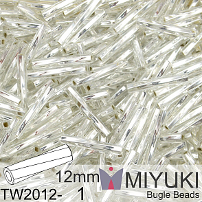 Korálky Miyuki Twisted Bugle 12mm. Barva TW2012-1 Silverlined Crystal. Balení 10g.