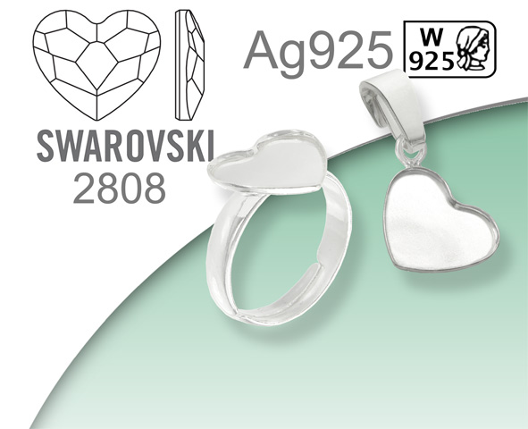 Stříbro Ag925 pro Swarovski 2808 Heart Flat Back