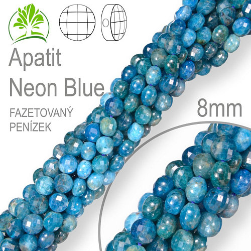 Korálky z minerálů Apatit Neon Blue přírodní polodrahokam. Velikost pr.8mm tl. 5,5mm tvar penízek z čelních stran fazetovaný. Balení 50Ks