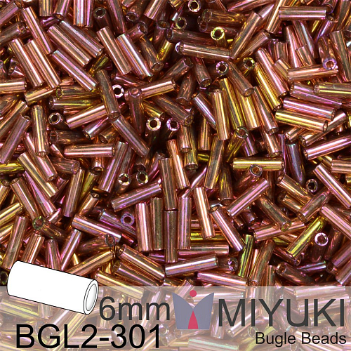 Korálky Miyuki Bugle Bead 6mm. Barva BGL2-301 Dark Topaz Rainbow Gold Luster. Balení 10g.