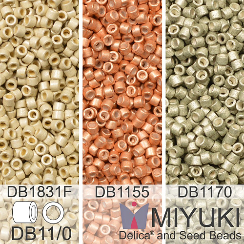 Korálky Miyuki Delica 11/0. Barevné variace č. 5  DB1155, DB1831F, DB1170. Balení 3x5g