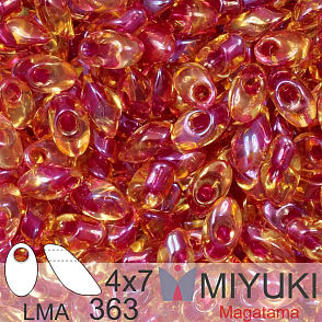 Korálky MIYUKI tvar Long MAGATAMA velikost 4x7mm. Barva LMA-363 Lt Cranberry Lined Topaz Luster. Balení 5g.