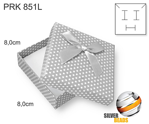 Krabička na šperky. Materiál papír . Ozn. PRK 851L. Velikost 8x8cm. Barva ŠEDÁ s puntíky a ozdobnou stužkou.