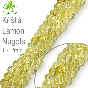 Korálky z minerálů Nugets velikost 6-12mm Křišťál Lemon. Balení 40cm.