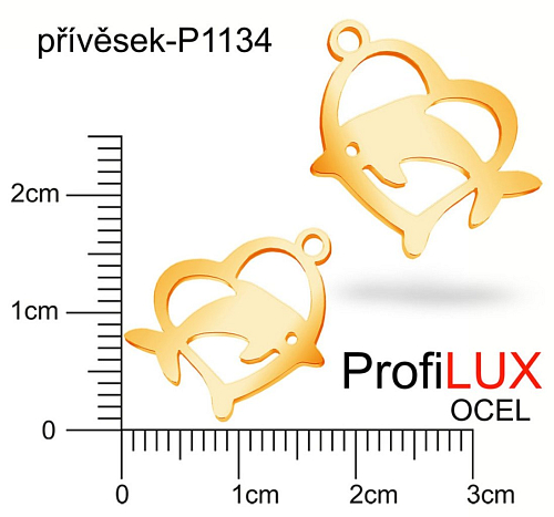 Přívěsek Chirurgická Ocel ozn-P1134 SRDCE s delfínem velikost 17x12mm tl.1.0mm. Velikost otvoru pr. 1,5mm.Barva POZLACENO. Řada přívěsků ProfiLUX. 