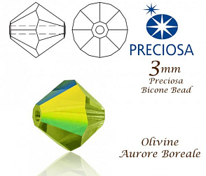 PRECIOSA Bicone (sluníčko) velikost 3mm. Barva OLIVINE Aurore Boreale. Balení 42ks 