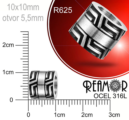 Korálek tvarovaný Reamor CHIRURGICKÁ OCEL ozn.-R625. Velikost 10x10mm otvor 5,5mm.