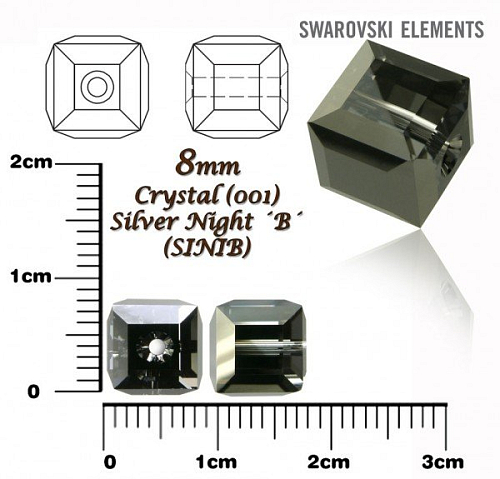 SWAROVSKI CUBE Beads 5601 barva CRYSTAL SILVER NIGHT ´B´velikost 8mm.