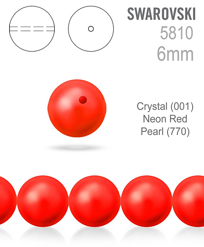 Swarovski 5810 Voskované Perle barva 770 Crystal (001) Neon Red Pearl velikost 6mm. Balení 5Ks. 