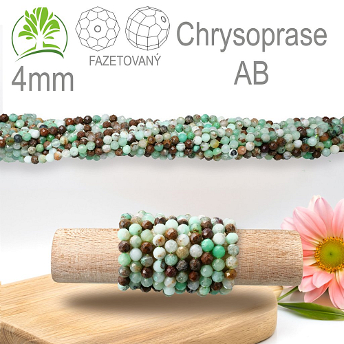 Korálky z minerálů Chrysoprase AB Fazetovaný přírodní polodrahokam. Velikost pr.4mm. Balení 95Ks.