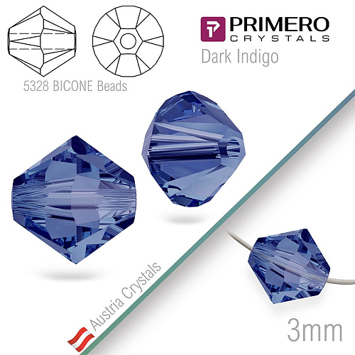 Korálky PRIMERO Crystals . Tvar 5328 Bicone BEADS. Barva Dark Indigo.  Velikost 3mm balení-25Ks.