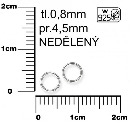 Spojovací kroužek . Velikost 0,8x 4,5mm NEDĚLENÝ. Materiál STŘÍBRO AG925.