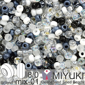 Korálky Miyuki Round 8/0. Barva MIX 01 Salt and Pepper. Balení 5g