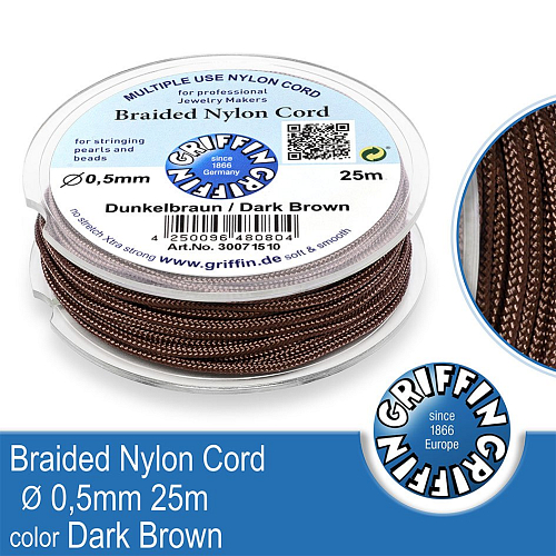 Braided NYLON (splétaná nit na náramky) GRIFFIN síla nitě 0,5mm cívka 25m. Barva Dark Brown..