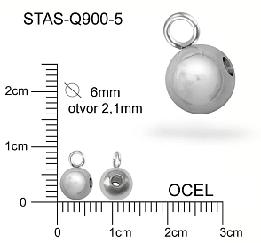Korálek s OČKEM  CHIRURGICKÁ OCEL ozn.-STAS-Q900-5. velikost pr.6,0mm (korálek) otvor v korálku 2,1mm.