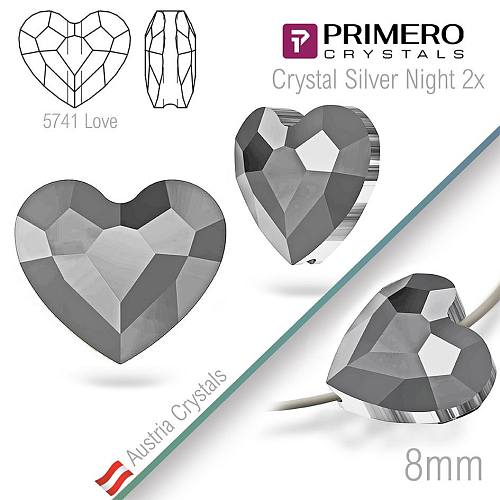 Korálky PRIMERO Crystals . Tvar 5741 Love. Barva Crystal Silver Night 2x. Velikost 8mm