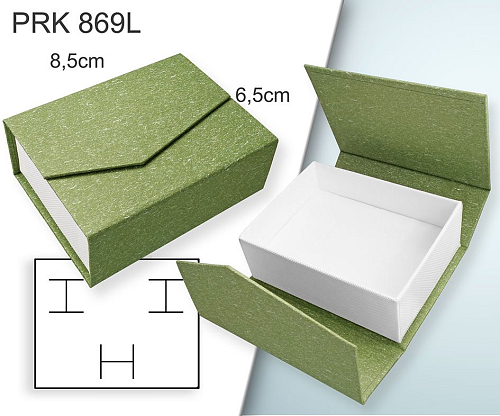 Krabička na šperky. Materiál papír . Ozn. PRK 869L. Velikost 8,5x6,5cm. Barva Zeleno/Bílá s překlopem
