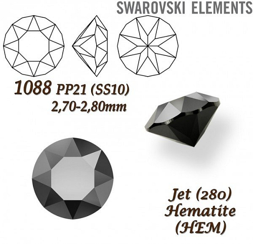 SWAROVSKI ELEMENTS 1088 XIRIUS Chaton PP21 (SS10) 2,70-2,80mm barva JET (280) Hematite (HEM). 
