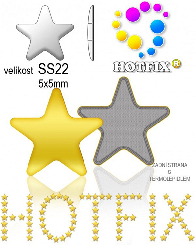 Kovové NAILHEAD HOTFIX nažehlovací polotovary. STAR Velikost SS22 (4,90-5,10mm) Tl.0,6mm. Barva 019 SVĚTLE ZLATÁ (lesklá ocelová). Balení 50Ks.