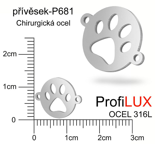 Přívěsek Chirurgická Ocel ozn-P681 PLACIČKA s tlapkou 2 otvory velikost 12x16mm. Řada přívěsků ProfiLUX