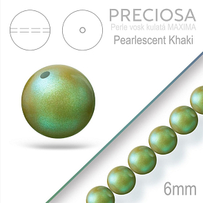 Preciosa Perle voskovaná kulatá MAXIMA barva Pearlescent Khaki velikost 6mm. Balení návlek 21Ks.