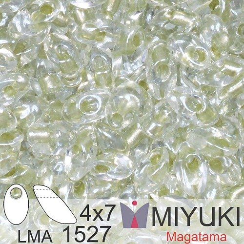 Korálky MIYUKI tvar Long MAGATAMA velikost 4x7mm. Barva LMA-1527 Sparkling Celery Lined Crystal. Balení 5g.