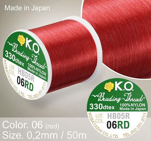 Nylonová nit značky K.O. Barva č. 06 red. Materiál 330DTEX (0,2mm). Balení 50m.