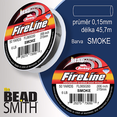 FIRELINE Berkley profesionální splétaná šnůra z polyethylenových vláken. Průměr 0,15mm, zátěž (6lb) 2,7Kg, balení (50yards) 45,7m, barva SMOKE