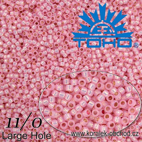 Korálky TOHO Takumi Large-Hole ROUND (kulaté). Velikost 11/0. Barva č. PF2105-PermaFinish - Silver-Lined Milky Baby Pink. Balení 8g.