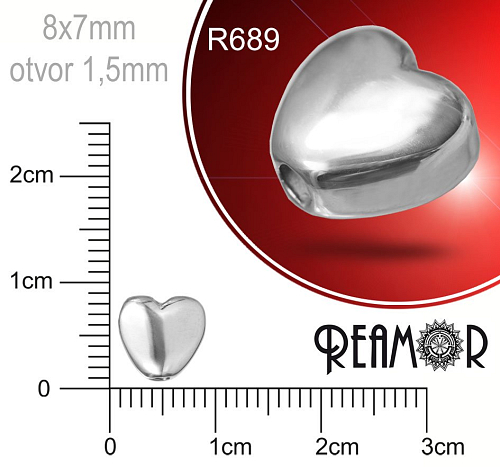Korálek tvarovaný Srdce Reamor CHIRURGICKÁ OCEL ozn.-R689. Velikost 8x7mm otvor 1,5mm. Barva ocel.