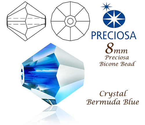 PRECIOSA Bicone MC BEAD (sluníčko) velikost 8mm. Barva Bermuda Blue.. 