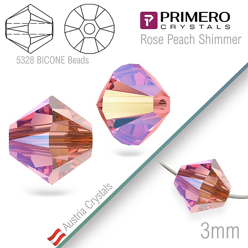 Korálky PRIMERO Crystals . Tvar 5328 Bicone BEADS. Barva Rose Peach Shimmer. Velikost 3mm balení-25Ks.