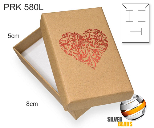 Krabička na šperky. Materiál papír+mašle . Ozn. PRK 580L. Velikost 8x5cm. Barva Přírodní s červeným srdcem
