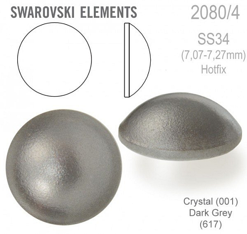 Swarovski 2080/4 Cabochon Round velikost SS34 barva Crystal Dark Grey Hotfix