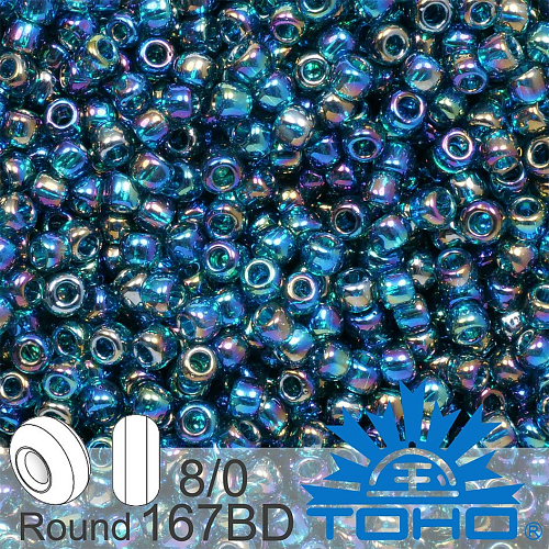 Korálky TOHO tvar ROUND (kulaté). Velikost 8/0. Barva č.167BD-Trans-Rainbow Teal . Balení 10g.