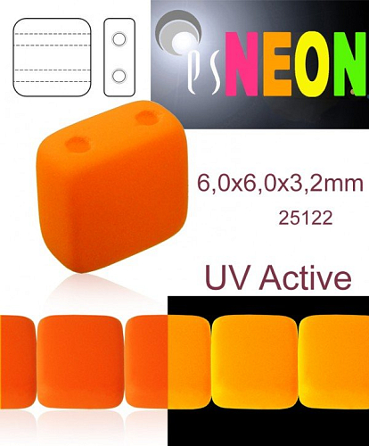 Korálky čtverec 2 otvory NEON (UV Active) velikost 6,0x6,0mm barva 25122 oranžová. Balení 20Ks. 