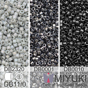 Korálky Miyuki Delica 11/0. Barevné variace č.1 DB2320, DB001, DB0010. Balení 3x5g
