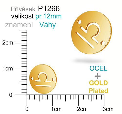 Přívěsek Ocel ozn-P1266 znamení VÁHY 2x otvor velikost pr.12mm. Barva POZLACENO. Řada přívěsků ProfiLUX