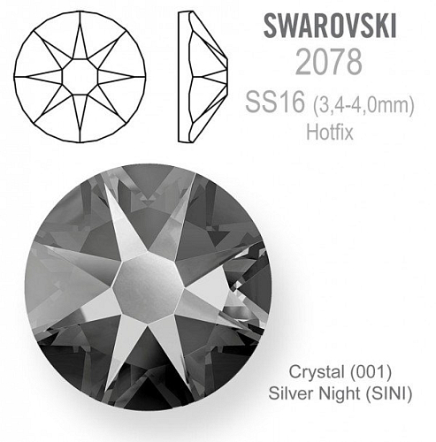 Swarovski XIRIUS Rose HOTFIX 2078 velikost SS16 barva Crystal (001) Silver Night (SINI)