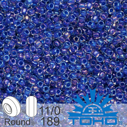 Korálky TOHO tvar ROUND (kulaté). Velikost 11/0. Barva č. 189-Inside-Color Luster Crystal/Caribean Blue Lined . Balení 8g.