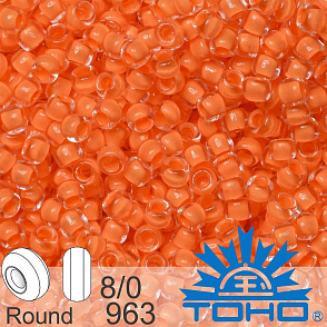 Korálky TOHO tvar ROUND (kulaté). Velikost 8/0. Barva 963 Inside-Color Crystal/Apricot-Lined. Balení 10g.