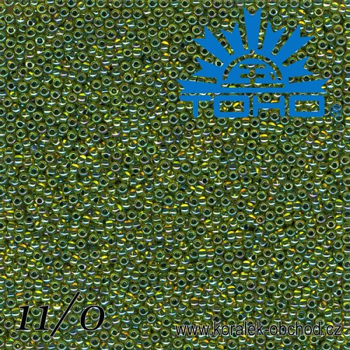 Korálky TOHO tvar ROUND (kulaté). Velikost 11/0. Barva č.1829-Inside-Color Rainbow Jonquil/Forest Green Lined  . Balení 8g.