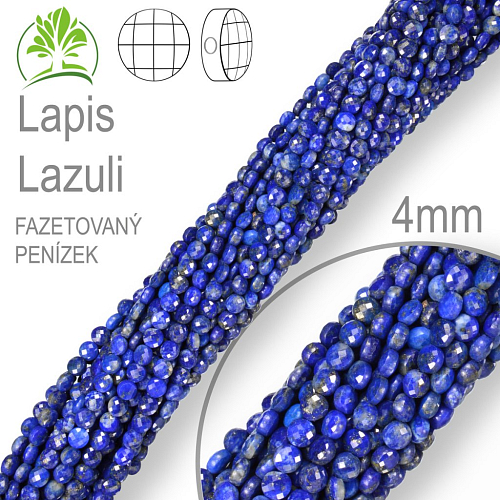 Korálky z minerálů Lapis Lazuli přírodní polodrahokam. Velikost pr.4mm tl. 2,5mm tvar penízek z čelních stran fazetovaný. Balení 108Ks