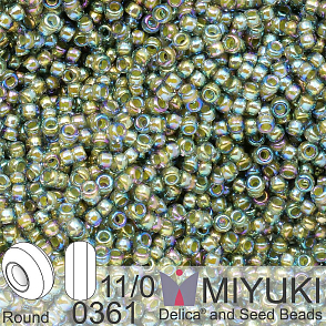 Korálky Miyuki Round 11/0. Barva 0361 Chartreuse Lined Olivine AB. Balení 5g.