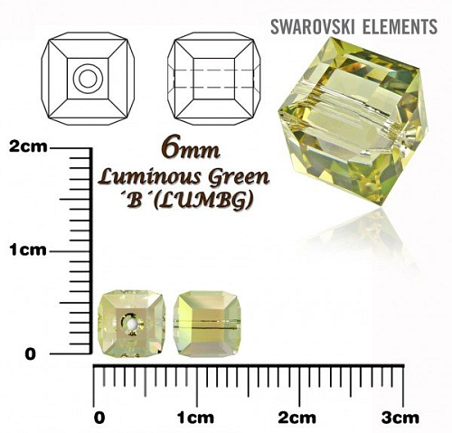 SWAROVSKI CUBE Beads 5601 barva LUMINOUS GREEN´B´velikost 6mm.