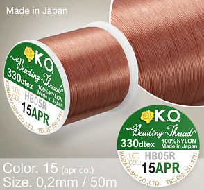 Nylonová nit značky K.O. Barva č. 15 apricot. Materiál 330DTEX (0,2mm). Balení 50m. 