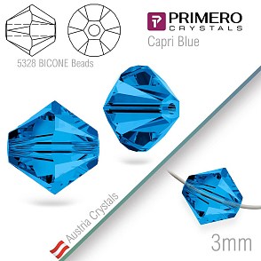 Korálky PRIMERO Crystals . Tvar 5328 Bicone BEADS. Barva Capri Blue  Velikost 3mm balení-25Ks.
